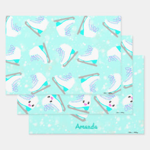 3-SET Personalised Ice Skating Patterns Blue Gift Wrapping Paper Sheet