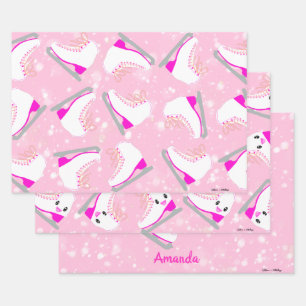 3-SET Personalised Ice Skating Patterns Pink Gift Wrapping Paper Sheet