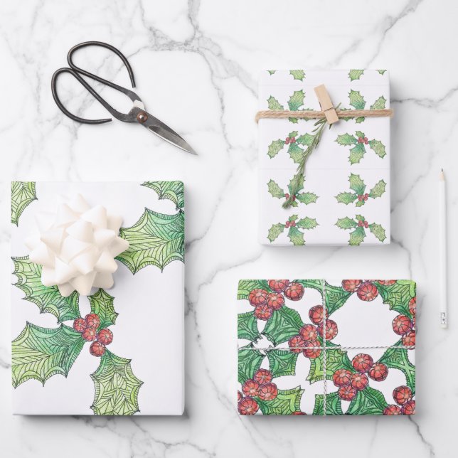 3 Sheets Gift Wrap Paper Holly Jolly (Front)