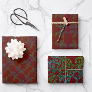 3 Sheets Gift Wrap Paper Holly Sketch