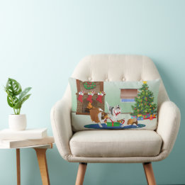 3 Shelties Unwrap A Gift, Green, Christmas Holiday Lumbar Cushion