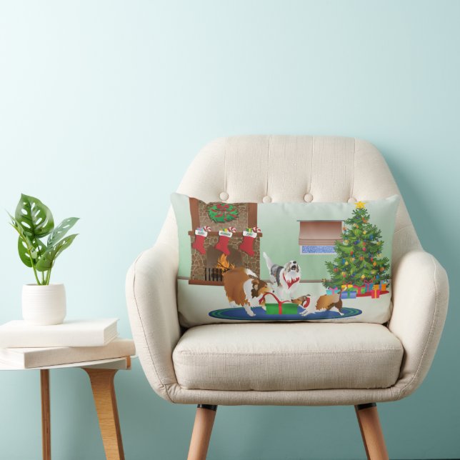 3 Shelties Unwrap A Gift, Green, Christmas Holiday Lumbar Cushion (Chair)