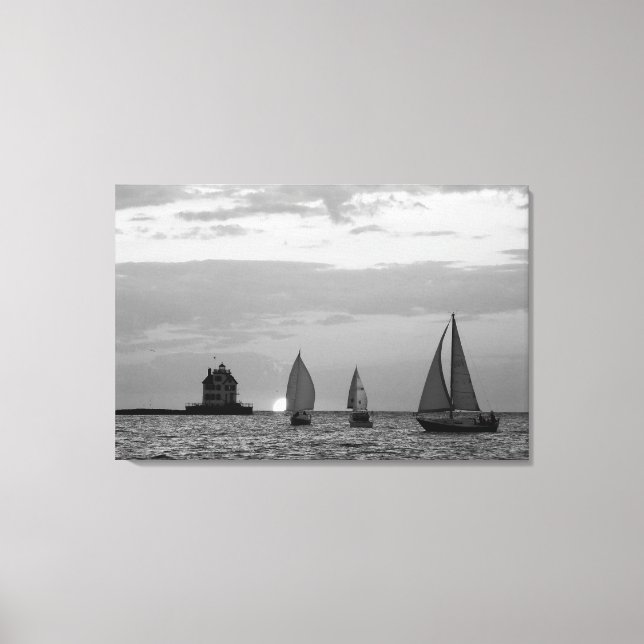3 Ships at Sunset Black&White Wrapped Canvas Print (Front)