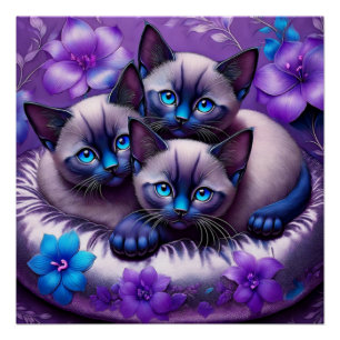 3 Siamese Kittens Purple Flowers Silver Pillow Poster