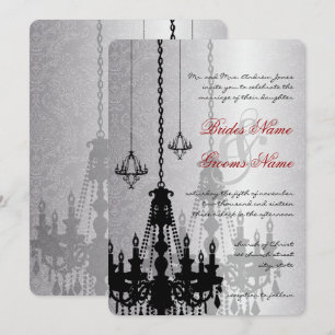 3 Silver & Black Chandeliers Damask Wedding Invite