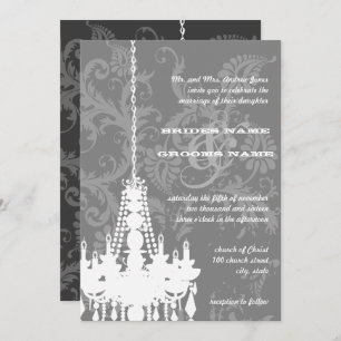 3 Silver & Grey Chandeliers Damask Wedding Invite