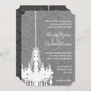 3 Silver & Grey Chandeliers Damask Wedding Invite