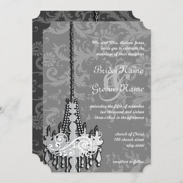 3 Silver & Grey Chandeliers Damask Wedding Invite (Front/Back)