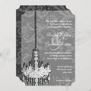 3 Silver & Grey Chandeliers Damask Wedding Invite