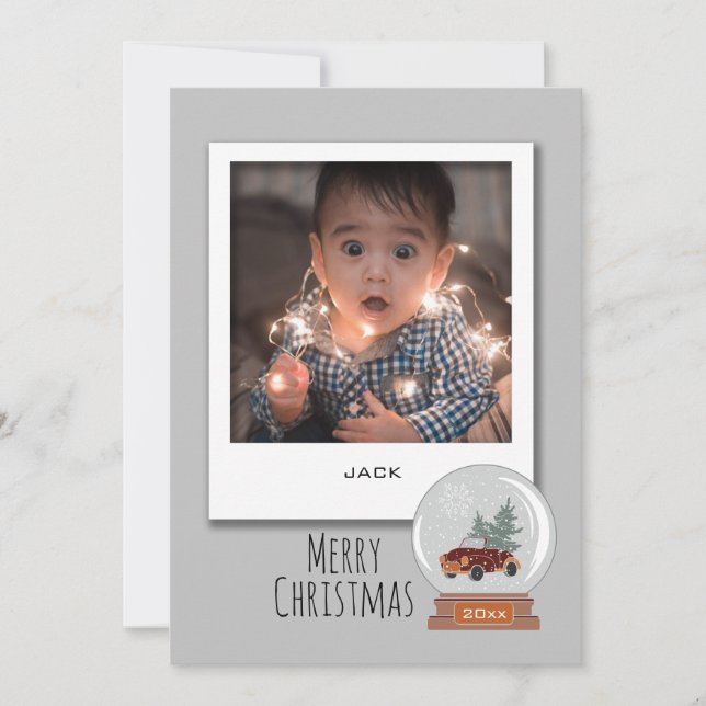 3 Snapshot Photo, Snow Globe Christmas Holiday Card (Front)