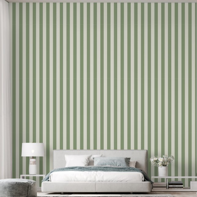 3" Stripe Earthy Sage Green & Ivory White Wallpaper (Bedroom)