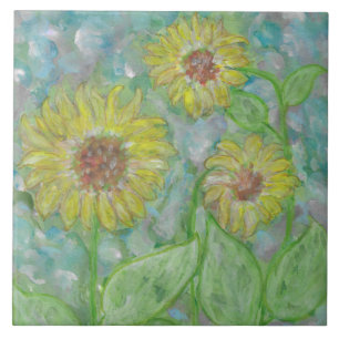 3 Sunflowers and Abstract Watercolor Tile