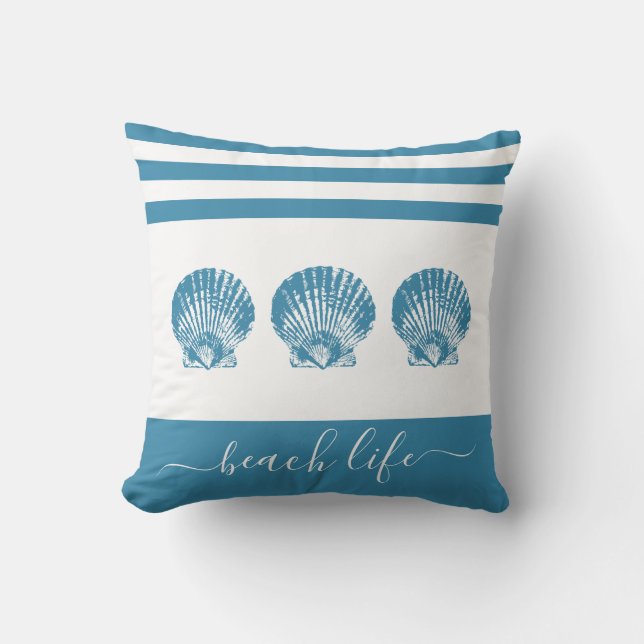 3 teal blue seashells beach life script modern cushion (Front)