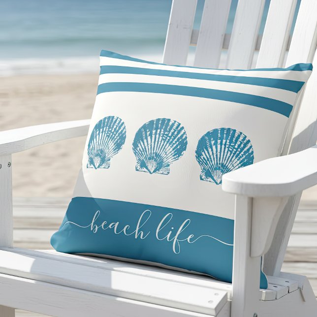 3 teal blue seashells beach life script modern cushion (Creator Uploaded)