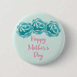 3 Teal Watercolor Roses Happy Mother's Day 6 Cm Round Badge