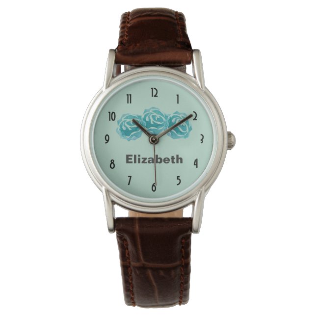 3 Teal Watercolor Roses on Mint Green Backdrop Watch (Front)