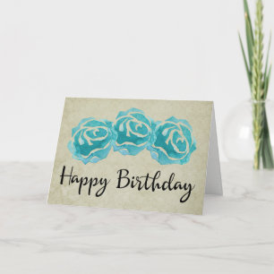 3 Teal Watercolor Roses on Tan Damask Birthday Card