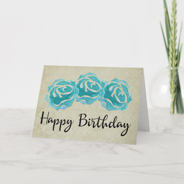 3 Teal Watercolor Roses on Tan Damask Birthday Card (Front)