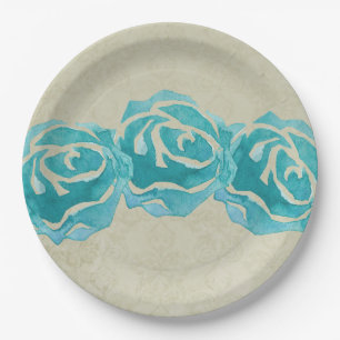 3 Teal Watercolor Roses on Tan Damask Pattern Paper Plate