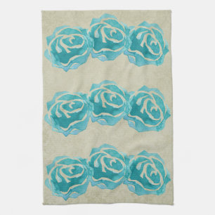 3 Teal Watercolor Roses on Tan Damask Pattern Tea Towel