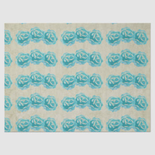 3 Teal Watercolor Roses on Tan Damask Pattern Tissue Paper