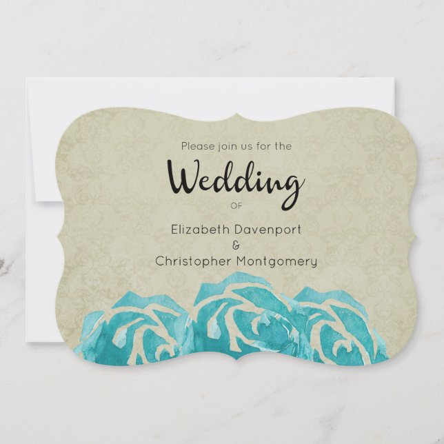 3 Teal Watercolor Roses on Tan Damask Wedding Invitation (Front)