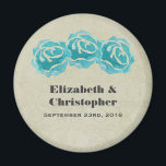 3 Teal Watercolor Roses on Tan Damask Wedding Magnet<br><div class="desc">A personalised wedding magnet. With a simple trio of teal roses painted with watercolors.  Background is a faded tan damask pattern. Personalise with your names and wedding date.</div>
