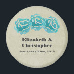 3 Teal Watercolor Roses on Tan Damask Wedding Magnet<br><div class="desc">A personalised wedding magnet. With a simple trio of teal roses painted with watercolors.  Background is a faded tan damask pattern. Personalise with your names and wedding date.</div>
