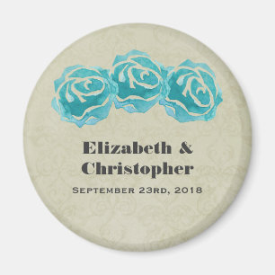 3 Teal Watercolor Roses on Tan Damask Wedding Magnet