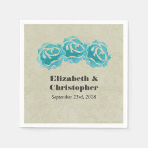 3 Teal Watercolor Roses on Tan Damask Wedding Napkin