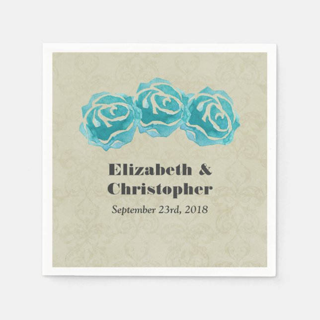 3 Teal Watercolor Roses on Tan Damask Wedding Napkin (Front)