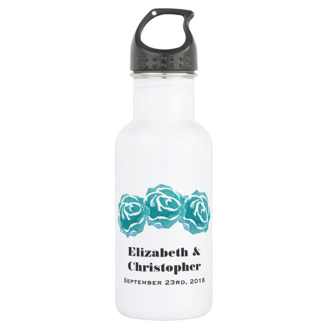 3 Teal Watercolor Roses Wedding 532 Ml Water Bottle (Front)