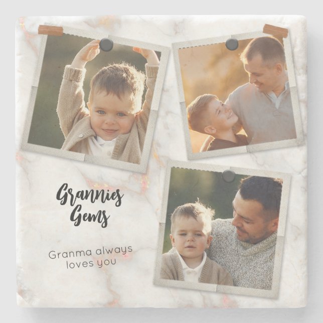 3 Three Photo Modern Elegant Collage Family Love Stone Coaster (Front)