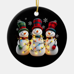 3 Three Snowmen Family Christmas With Xmas Lights Ceramic Tree Decoration