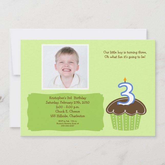 3 THREE year old CUPCAKE PHOTO BIRTHDAY INVITE (Front)