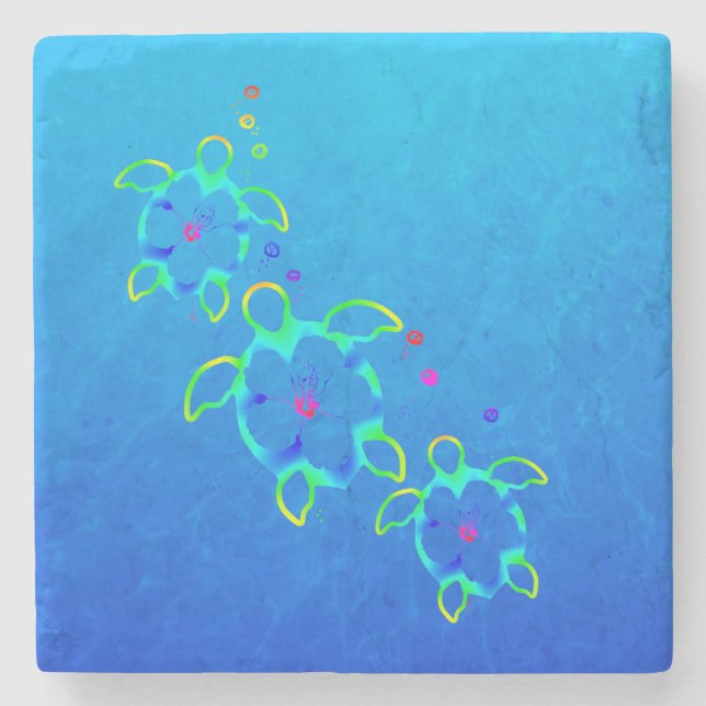 3 Tie Dyed Honu Turtles Stone Coaster (Front)