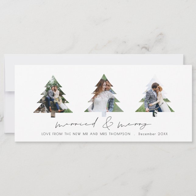 3 Tree Shape Photos Married and Merry Christmas  Holiday Card (Front)