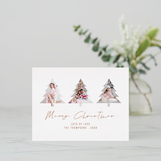 3 Tree Shape Photos Merry Christmas Luxury Foil Holiday Postcard (Standing Front)