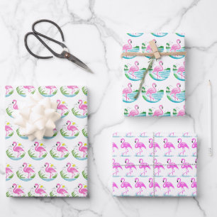 3 Tropical Pink Flamingo Patterns Wrapping Paper Sheet