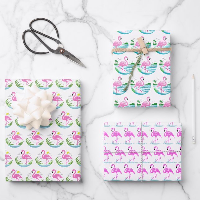 3 Tropical Pink Flamingo Patterns Wrapping Paper Sheet (Front)
