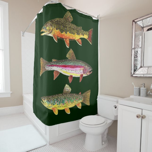 3 Trout for Fly Fishing Fishermen and Fisherwomen Shower Curtain (In Situ)