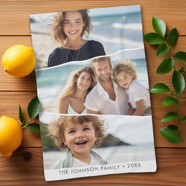 3 Uneven Photo Collage - Funky Quadrilateral Art Tea Towel (Personalized kitchen towel with 3 photos)