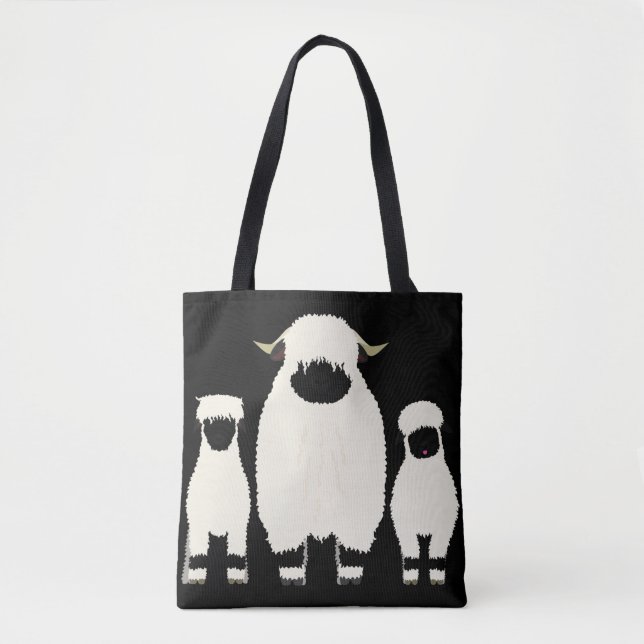 3 Valais Black Nose Sheep in a row Tote Bag (Front)