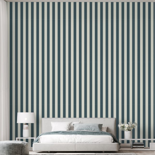 3" Vertical Stripe Earthy Dusty Blue & Ivory White Wallpaper (Bedroom)