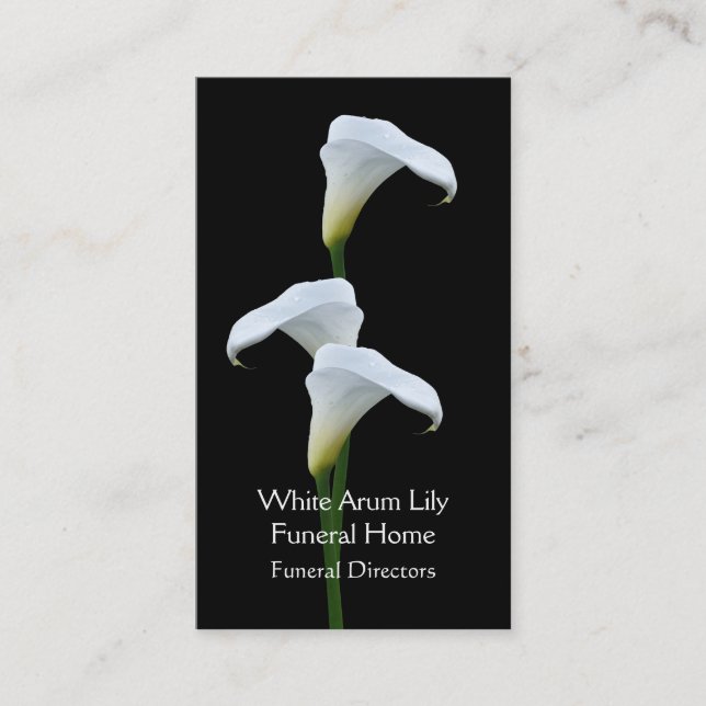 3 white arum lilies funeral directors business card (Front)