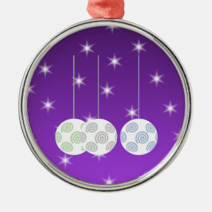 3 White Swirl Design Christmas Baubles. On Purple Metal Tree Decoration