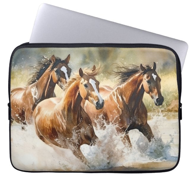3 Wild Horses Stream Watercolor Painting Laptop Sleeve (Front)