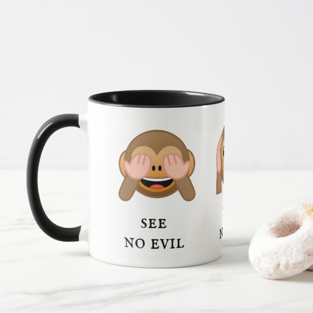 3 Wise Monkeys: see no evil, hear no evil, speak.. Mug (With Donut)