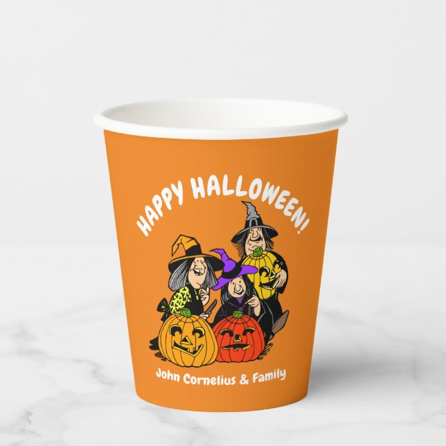 3 Witches and Jack O'Lantern Halloween Fun Paper Cups (Front)