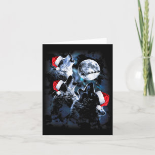 3 Wolves Howling Under Moon Christmas Santa Wolf L Card